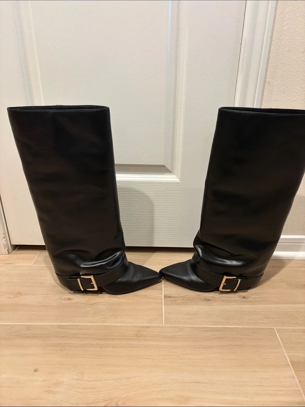 Boots -Steve Madden Black Over-the-Knee Pointed-Toe Boots with Buckle